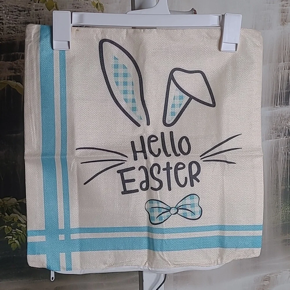 New! Set of 2 Pink Blue Striped Easter Bunny Decorative Soft Burlap Pillow Cover